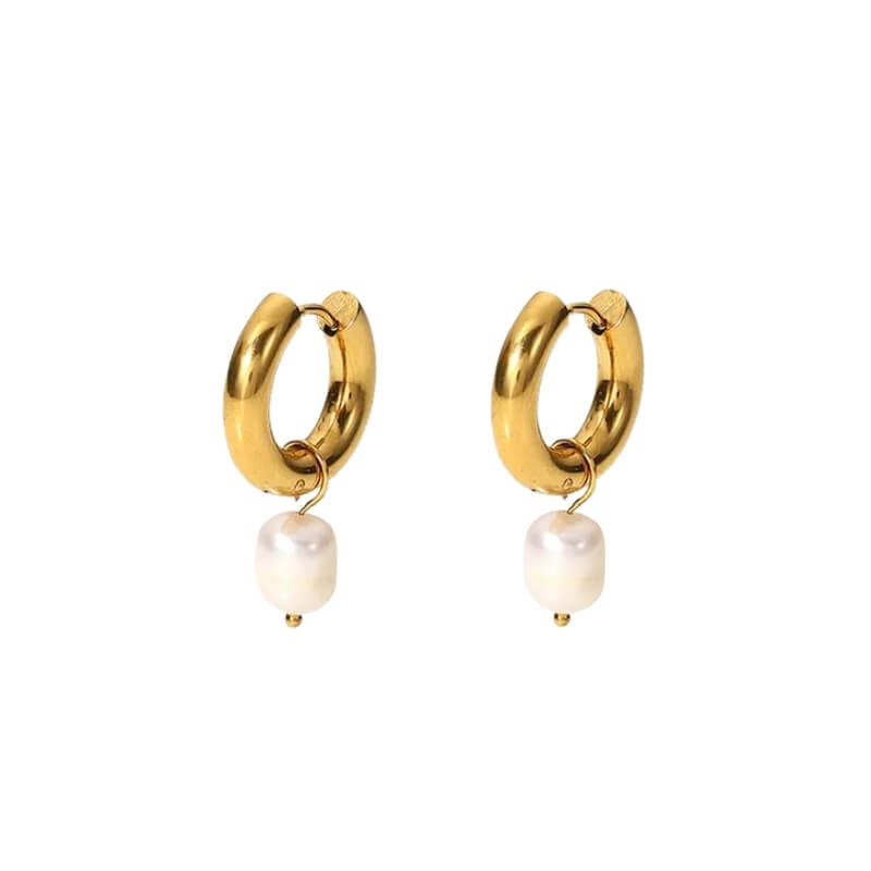 Brincos Argolas Pérola e Aço Dourado