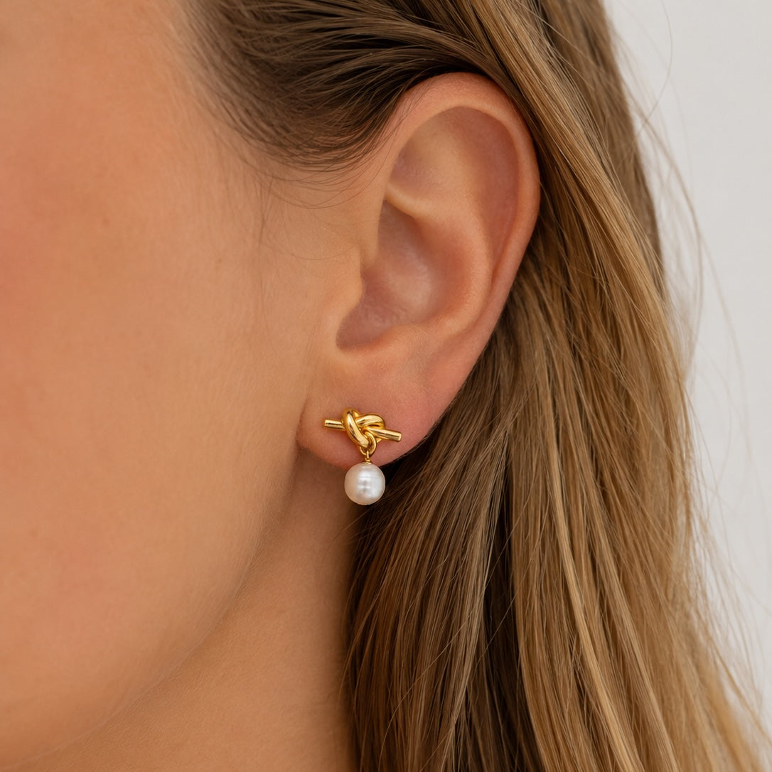 Gold-Plated Steel Pearl Knot Earrings