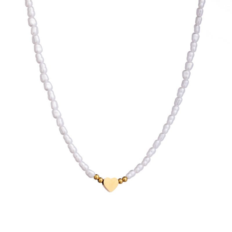 Colar Coração Pérolas e Aço Dourado