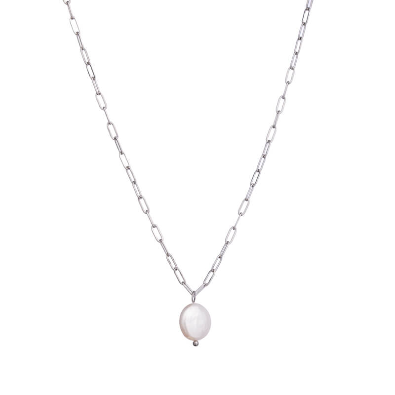 Colar Cadeado em Aço Prateado com Pérola