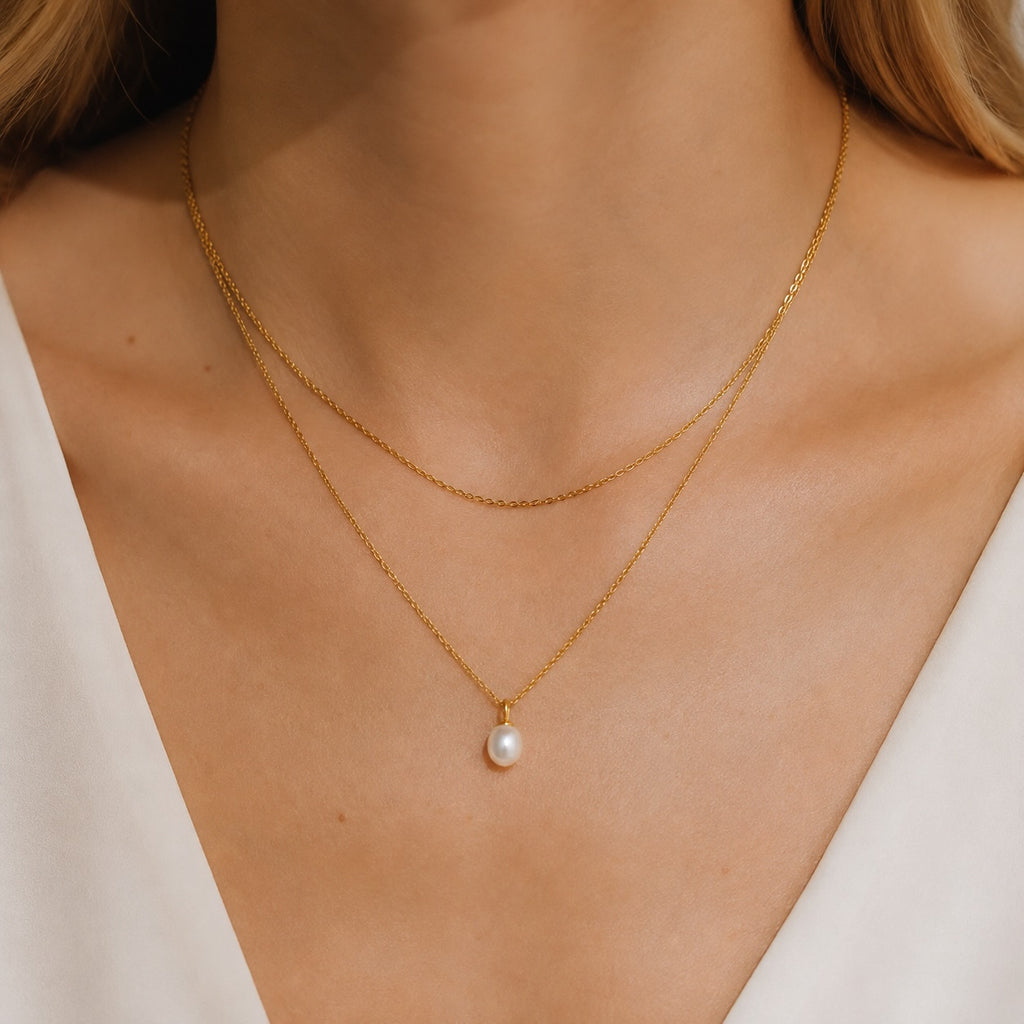 Colar Pérola e Aço Dourado
