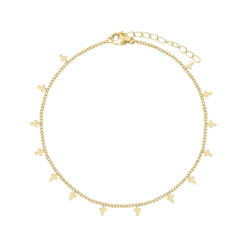 Pulseira Tornozelo Charms de Cruzes em Aço Dourado