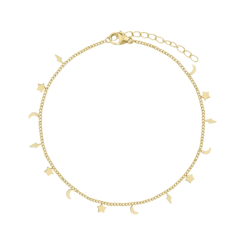 Pulseira Tornozelo Charms de Estrelas, Luas e Raios em Aço Dourado